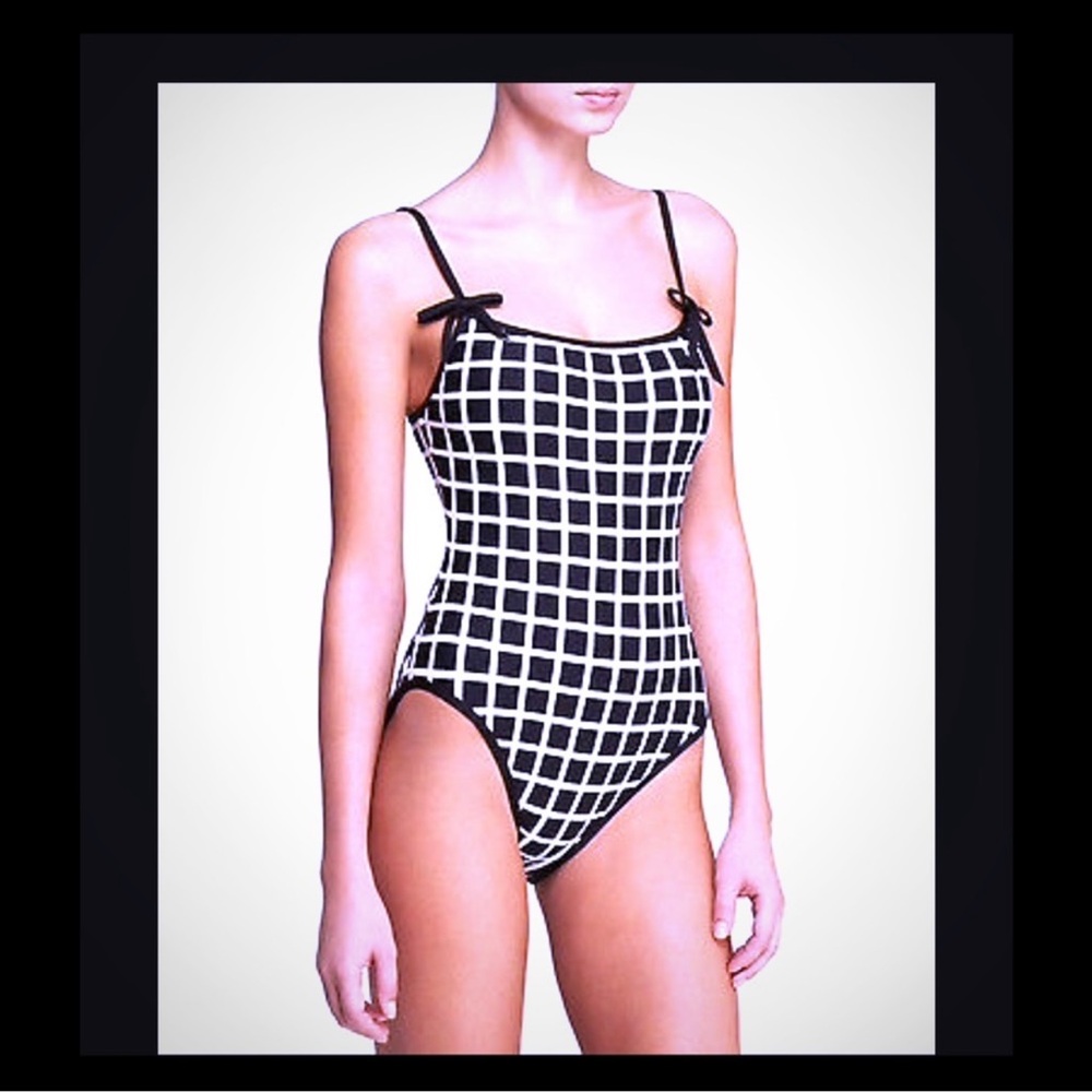 Kate Spade Checkered Geometric Bow Strap One Piece Swimsuit